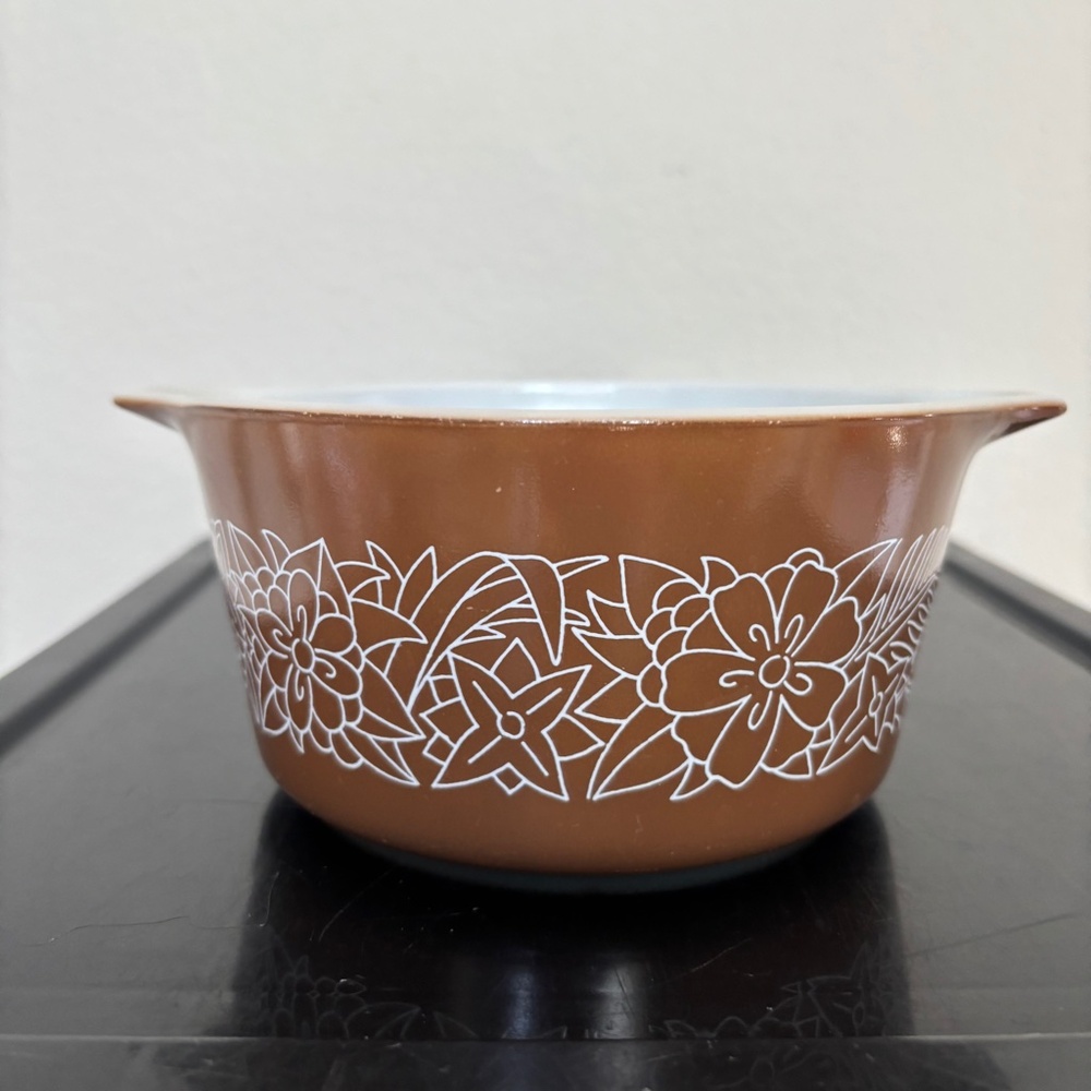 Pyrex Bowl Woodland Brown White Flowers 473-B 31 1l Handles Vintage Oven Mixing